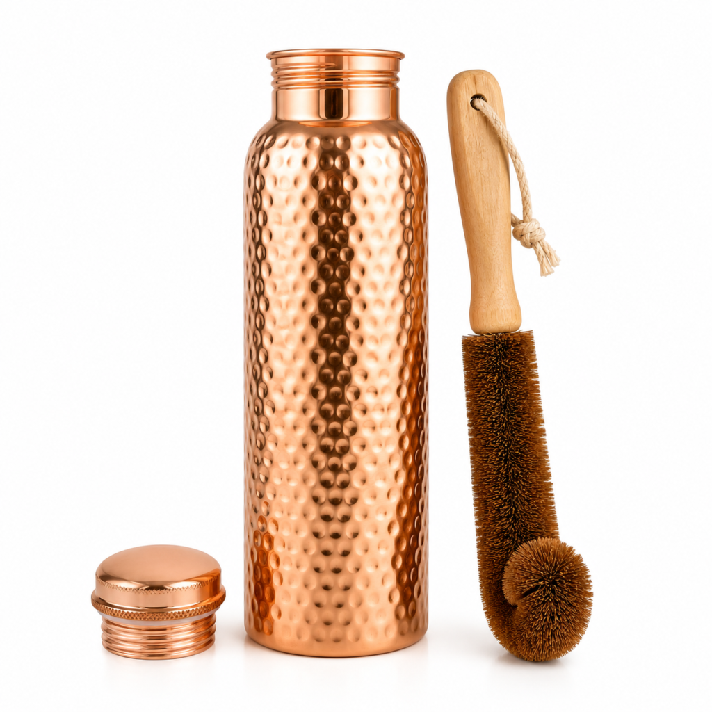 Hammered Pure Copper Water Bottle with Natural Coconut Coir Cleaning Brush