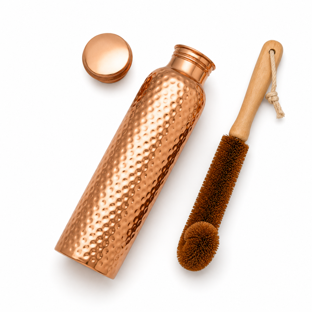 Hammered Pure Copper Water Bottle with Natural Coconut Coir Cleaning Brush