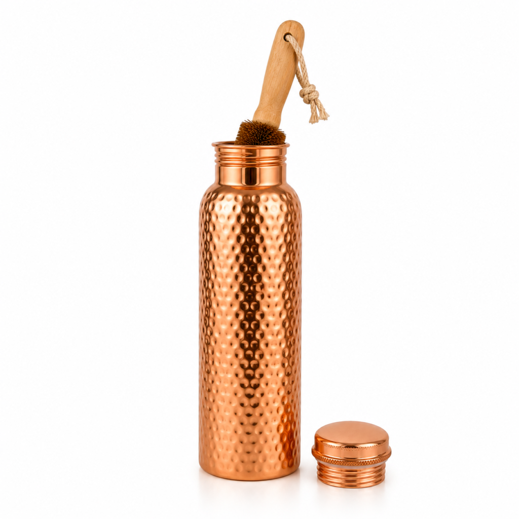 Natural Coconut Coir Cleaning Brush Inside Hammered Copper Water Bottle