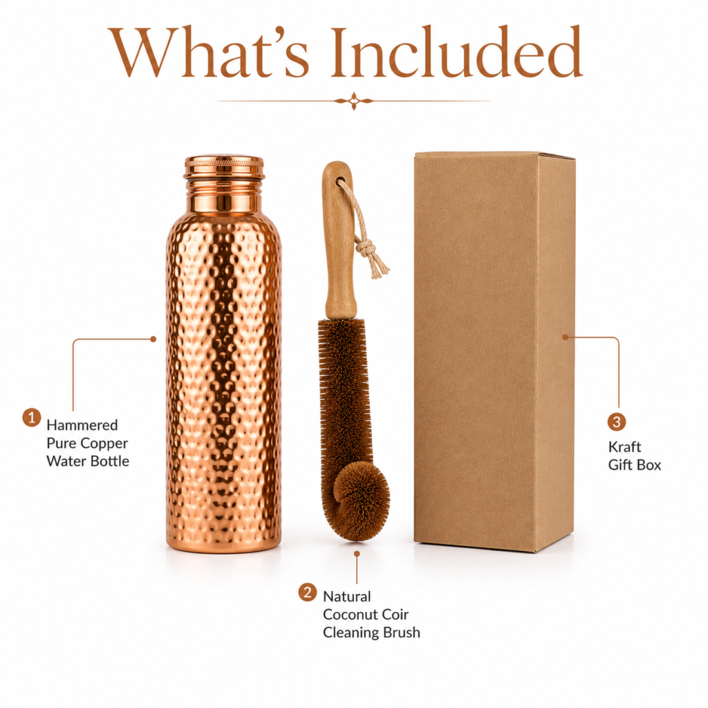Hammered Pure Copper Water Bottle Gift Set with Cleaning Brush and Kraft Box