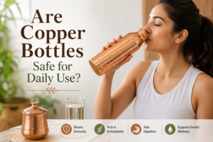 a girl drinking water with Copper Bottle