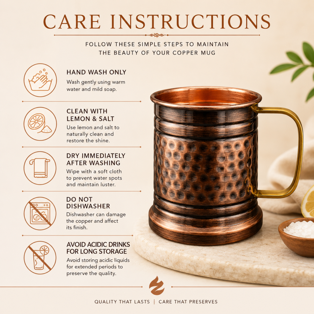 Pure Copper Mug Care Instructions Showing Hand Wash, Lemon and Salt Cleaning, and Maintenance Guide