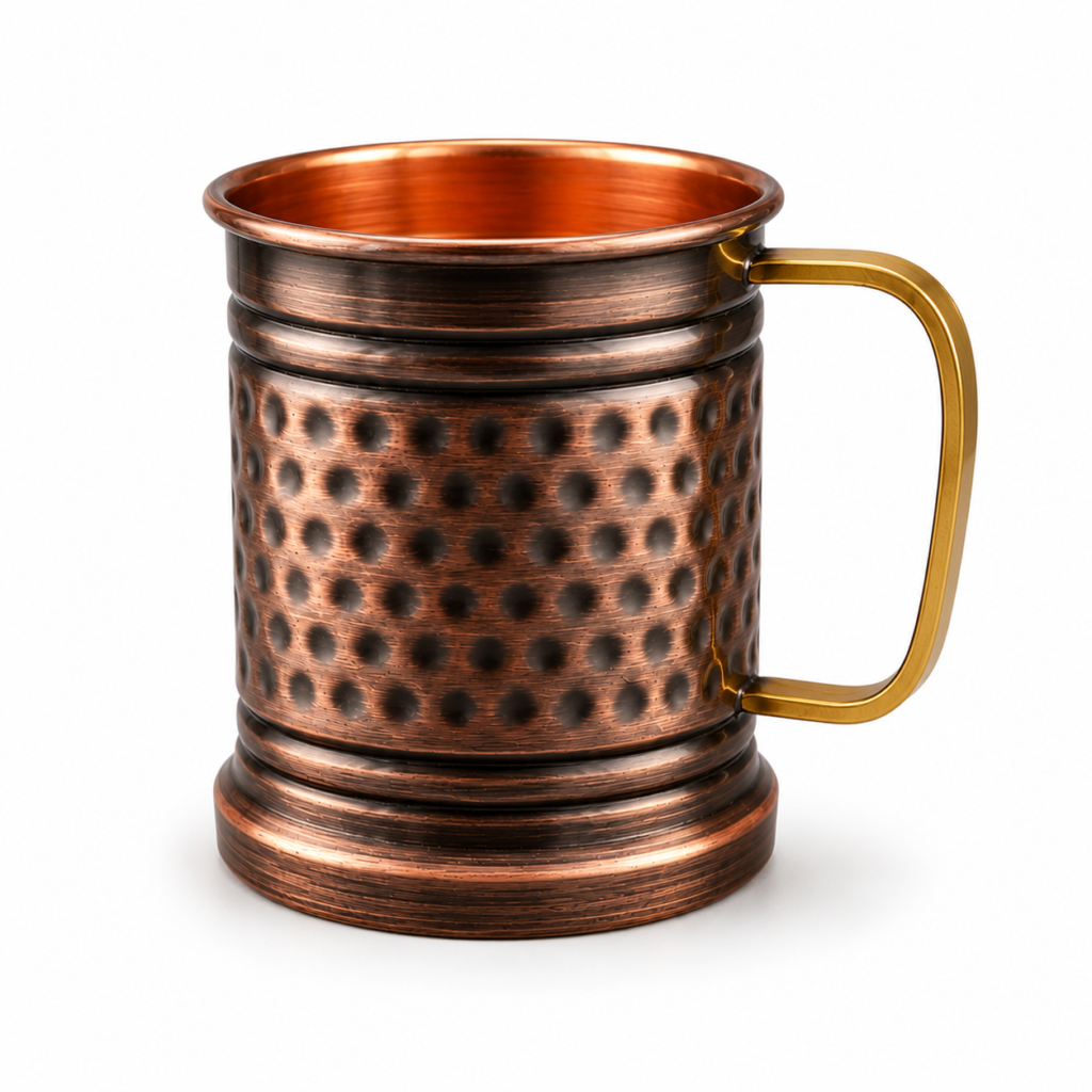 Front view of handcrafted Pure Copper Mug with Hammered Finish and Brass Handle