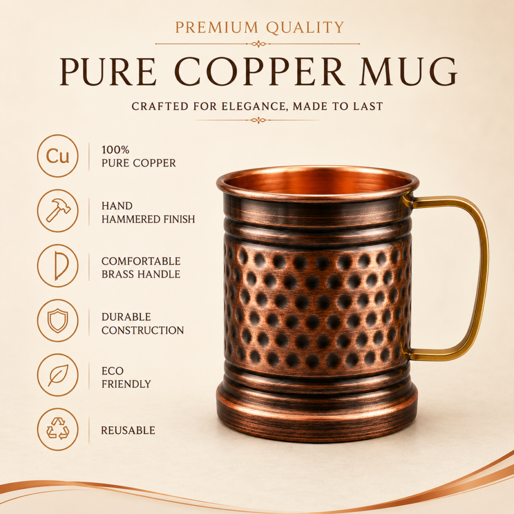 Pure Copper Mug Features Infographic Showing 100% Pure Copper, Hammered Finish and Brass Handle