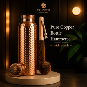 Pure Copper Water Bottle Hammered Finish with Cleaning Brush