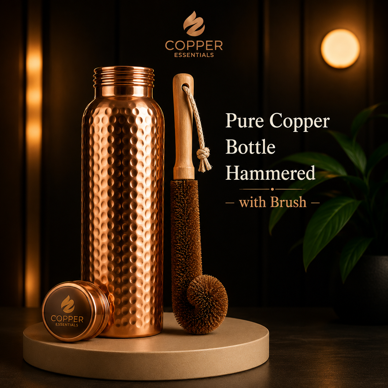 Pure Copper Water Bottle Hammered Finish with Cleaning Brush