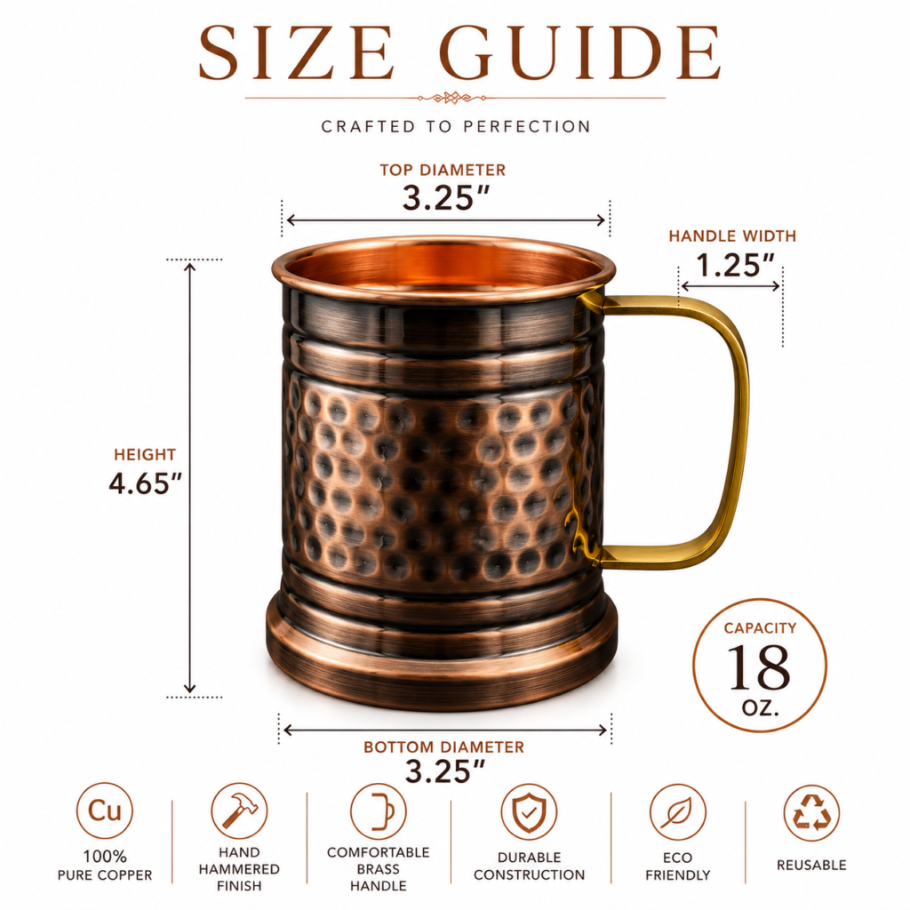 Pure Copper Mug Size Guide with Height, Width, Capacity and Brass Handle Dimensions